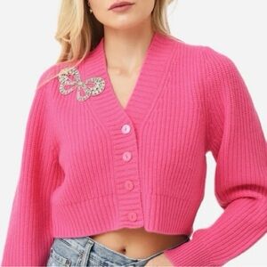 Love Shack Fancy-Larsa Soft cropped cardigan with a crystal-embellished bow. Sml